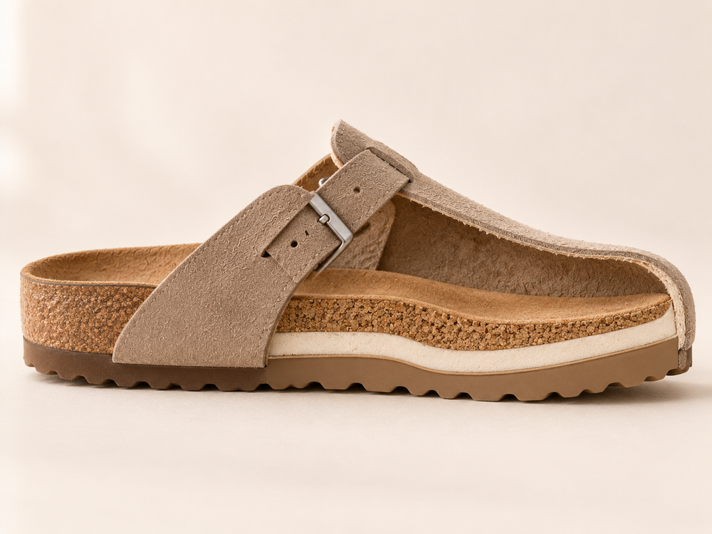 Cross-section of a Saunter Shift Clog showing the cork footbed, cushioned midlayer and rubber sole